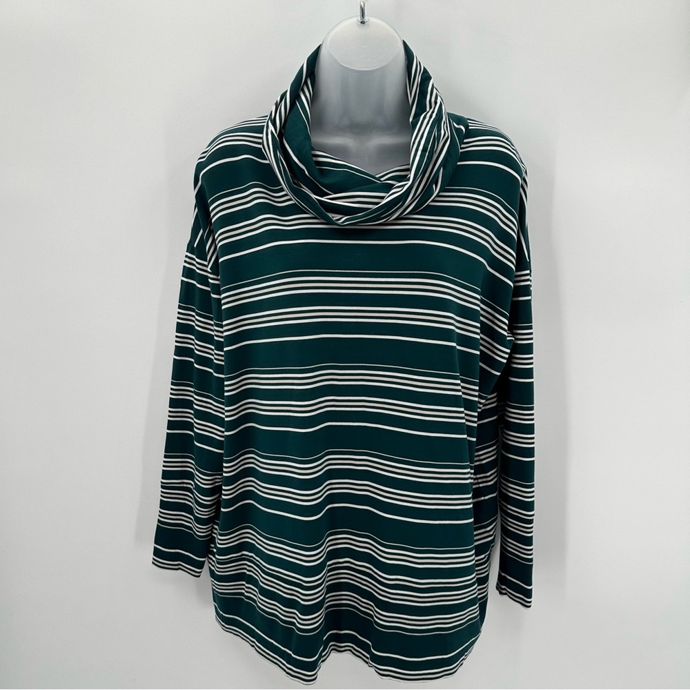 GARNET HILL Top Women’s M Teal Stripe Cowl NeckTunic Long Sleeve Tencel Knit